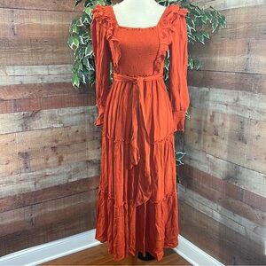 ❤️IN LOOM Rust Color Long Sleeve Tiered Bohemian Peasant Maxi Dress
